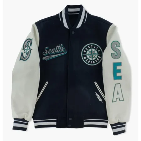 Seattle Mariners Script Varsity Jacket front view with team logo