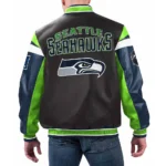 Model front view wearing Seattle Seahawks Black Varsity Jacket.