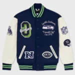 OVO Seattle Seahawks Varsity Jacket front view, navy and green