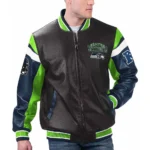 Model wearing Seattle Seahawks Black Varsity Jacket front view.