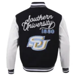 Front and back view of Southern University Jaguar Varsity Jacket.