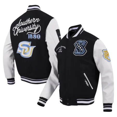 Southern University Jaguar Varsity Jacket front and back view combined.