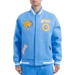 Model wearing Southern University Blue Varsity Jacket front view.