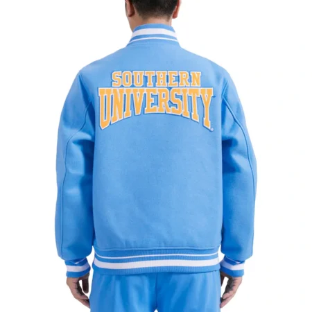 Model wearing Southern University Blue Varsity Jacket back view.