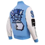 Front and back view of Spelman College Jaguars Varsity Jacket.