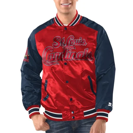 Model wearing Louis Cardinals Renegade Varsity Jacket front look