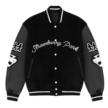 Strawberry Park Valentines Varsity Jacket front view display