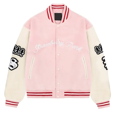 Strawberry Park Valentines Varsity Jacket front view display