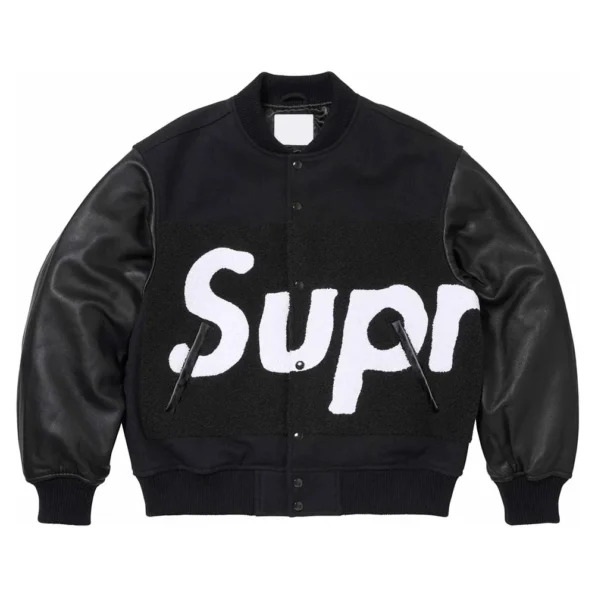 Front view of Chenille Supreme Varsity Jacket, bold design.