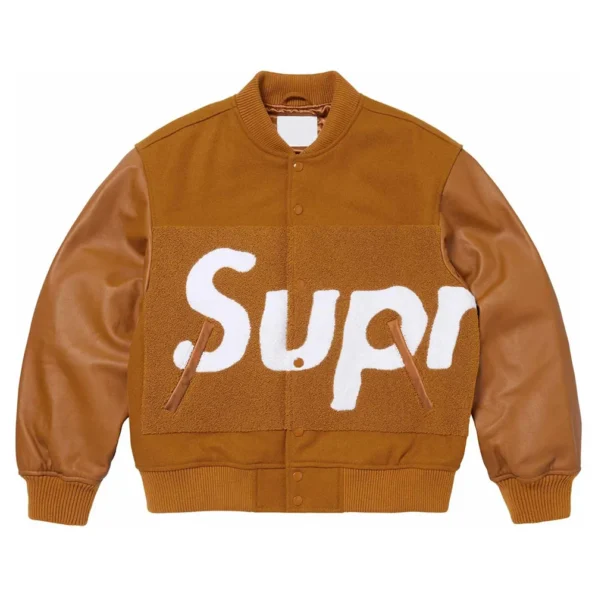 Front view of Chenille Supreme Varsity Jacket, bold design.