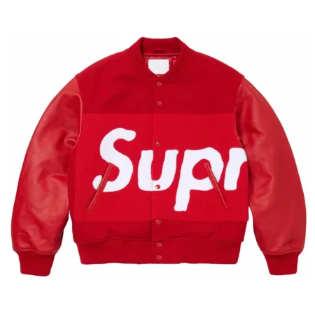 Front view of Chenille Supreme Varsity Jacket, bold design.