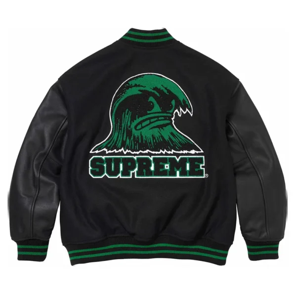 Detailed back of Wave Supreme Varsity Jacket, bold design.