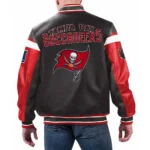 Model front view wearing Tampa Bay Buccaneers Black Varsity Jacket.