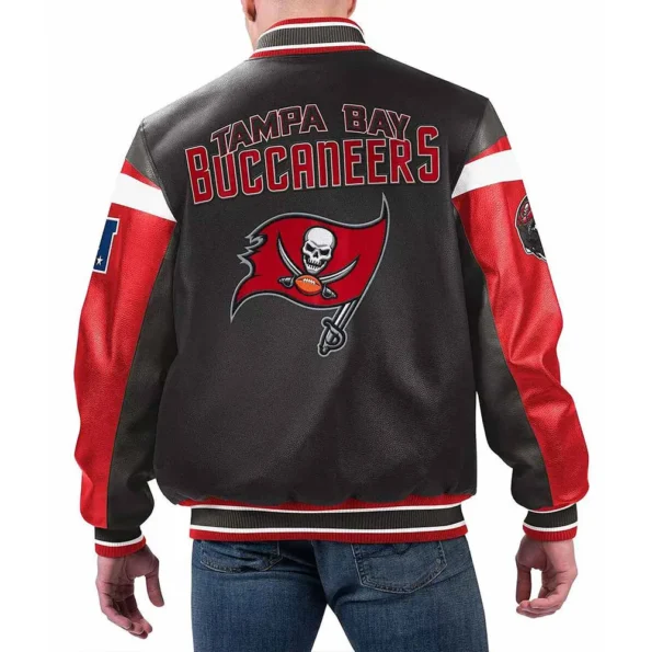 Model wearing Tampa Bay Buccaneers Black Varsity Jacket back view.