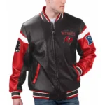 Model wearing Tampa Bay Buccaneers Black Varsity Jacket front view.