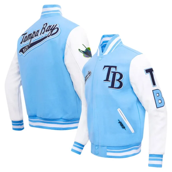 Tampa Bay Rays Script Varsity Jacket front and back view combined.