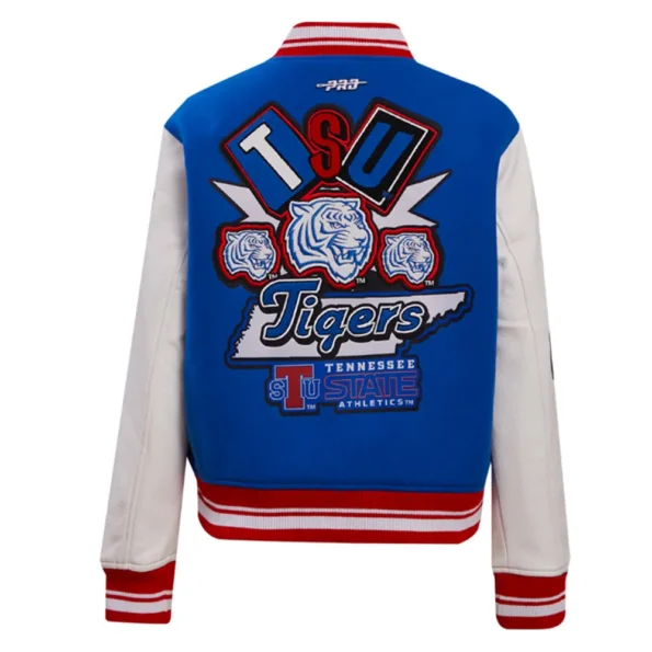 Back view of Tennessee State University Varsity Jacket.Back view of Tennessee State University Varsity Jacket.