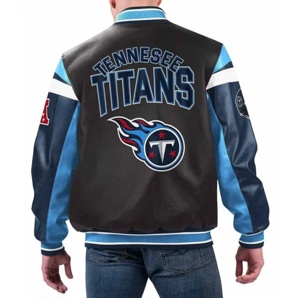 Model wearing Tennessee Titans Varsity Leather Jacket back view.