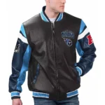 Model wearing Tennessee Titans Varsity Leather Jacket front view.