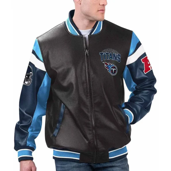 Model wearing Tennessee Titans Varsity Leather Jacket front view.