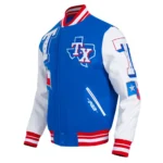 Front view of Texas Rangers Mashup Varsity Jacket.