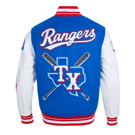 Back view of Texas Rangers Mashup Varsity Jacket.