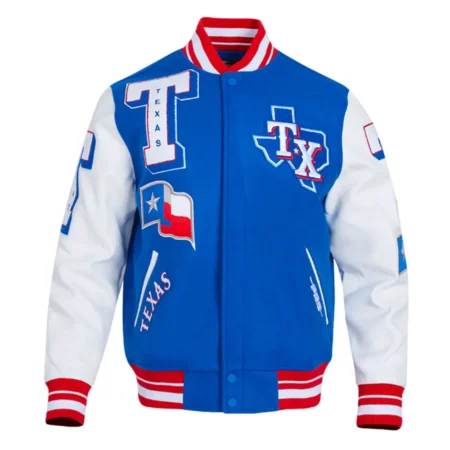 Front view of Texas Rangers Mashup Varsity Jacket.