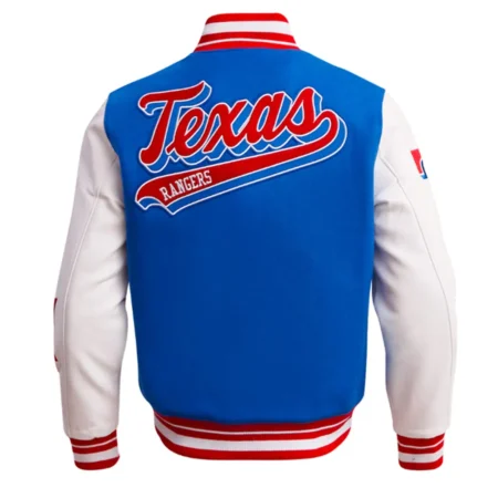 Texas Rangers Script Tail Varsity Jacket back view.