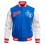 Texas Rangers Script Tail Varsity Jacket front view.