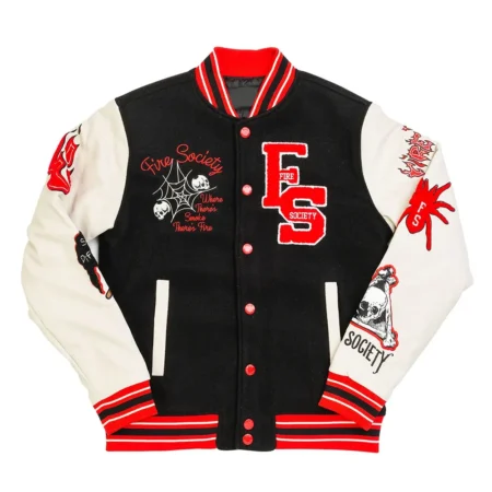 The Fire Society Varsity Jacket front view.