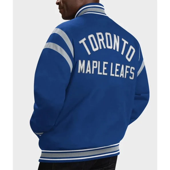 Model wearing Toronto Maple Leafs Varsity Jacket back view.