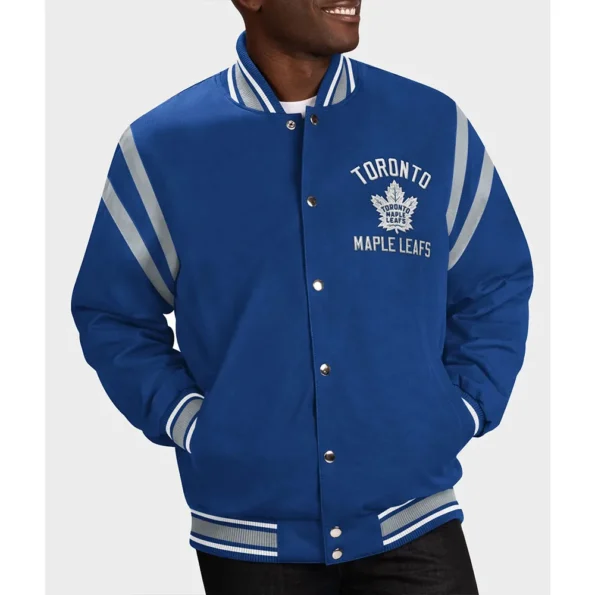 Model wearing Toronto Maple Leafs Varsity Jacket front view.