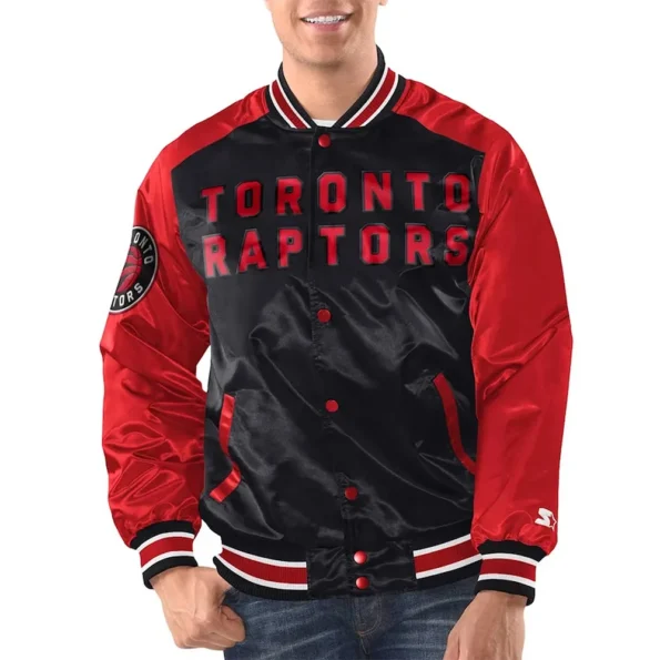 Model wearing Toronto Raptors Renegade Varsity Jacket front view