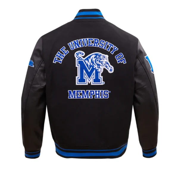 Back view of University of Memphis Varsity Jacket.