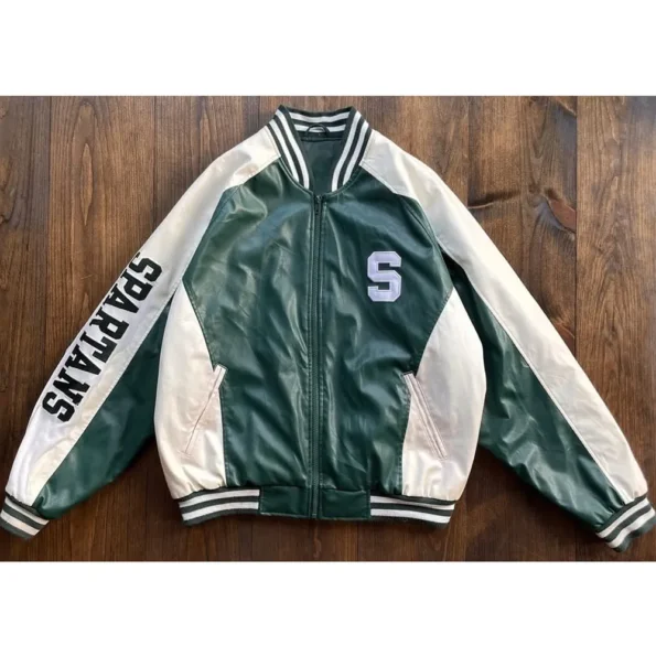 Front view of State Spartans Varsity Leather Jacket.