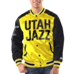 Model wearing Utah Jazz Renegade Varsity Satin Jacket front look