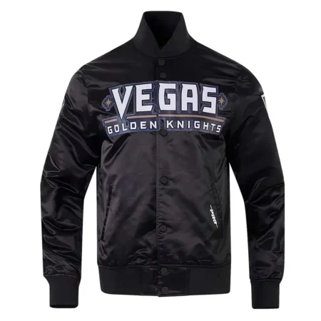 Vegas Golden Knights Glam Varsity Jacket front view, golden details.