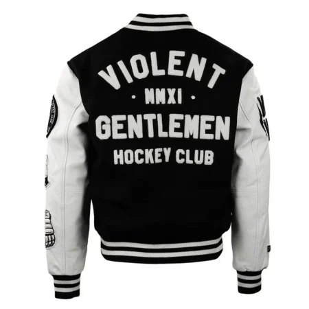 Violent Gentlemen Hockey Varsity Jacket back view display.