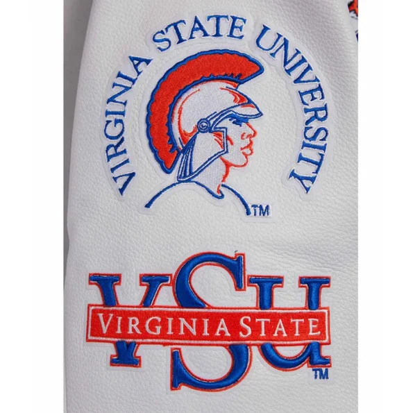 Close-up of Virginia State University Varsity Jacket logo details.