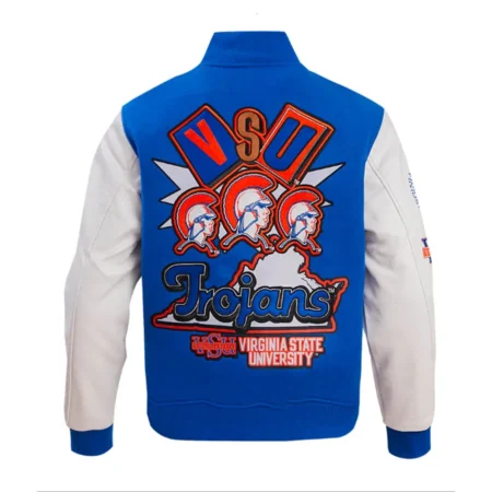 Back view of Virginia State University Varsity Jacket in orange.