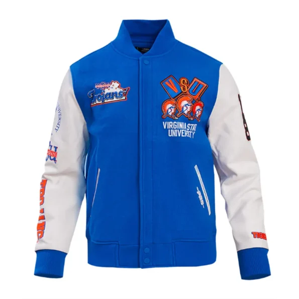 Virginia State University Varsity Jacket front view with logo.