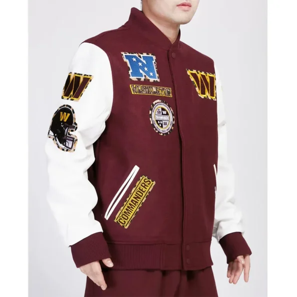 Side profile of model wearing Washington Patches Varsity Jacket.