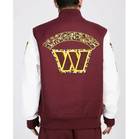 Model wearing Washington Patches Varsity Jacket back view.