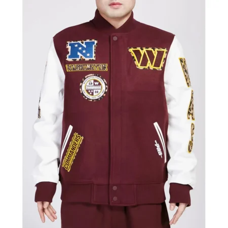 Model wearing Washington Patches Varsity Jacket front view.