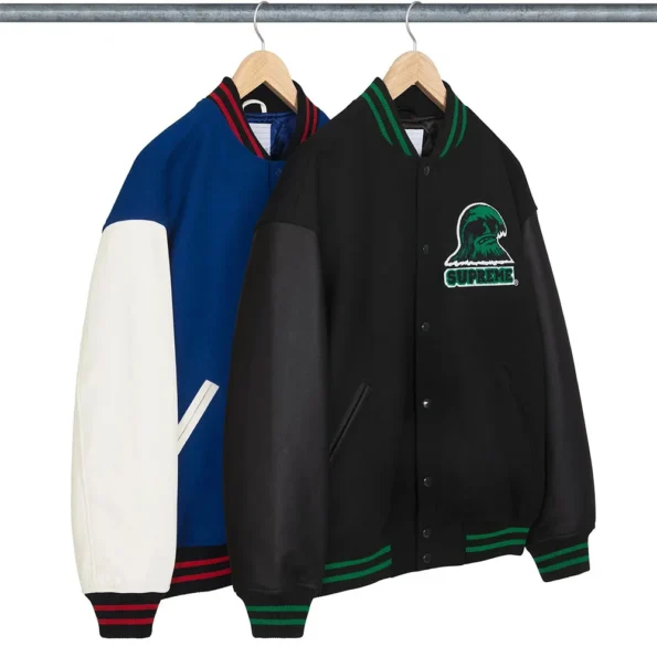 Side view of Wave Supreme Varsity Jacket, sleek sleeves.