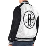 Model wearing Brooklyn Nets Varsity Jacket front stylish