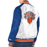 Model wearing New York Knicks Varsity Jacket front view stylish