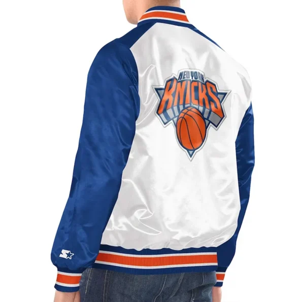 Model back view New York Knicks Renegade Varsity Jacket stylish