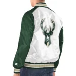 Model wearing Milwaukee Bucks Renegade Varsity Jacket front view