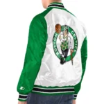 Model wearing Boston Celtics Varsity Jacket front design